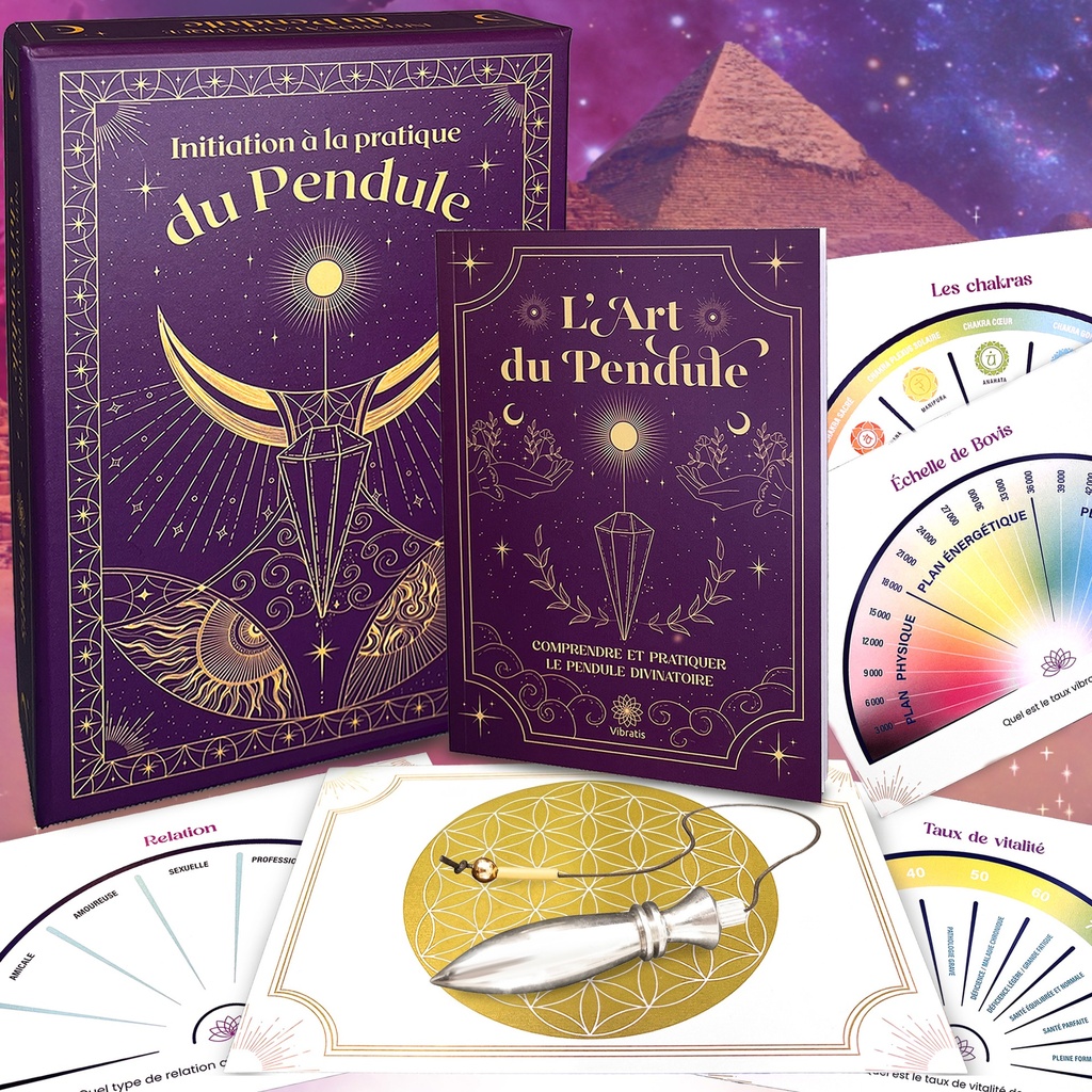COFFRET D'INITIATION AU PENDULE DIVINATOIRE : PLANCHES DE RADIESTHESIE + 1 LIVRE + PENDULE EGYPTIEN