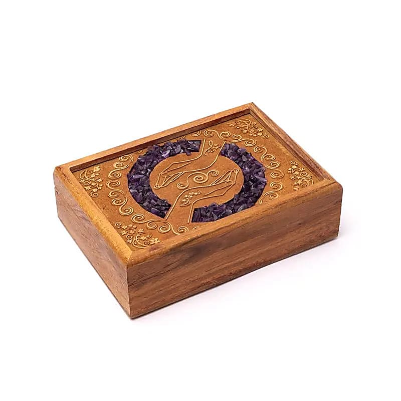 Boîte à tarot ou à bijoux mains guérisseuses améthyste