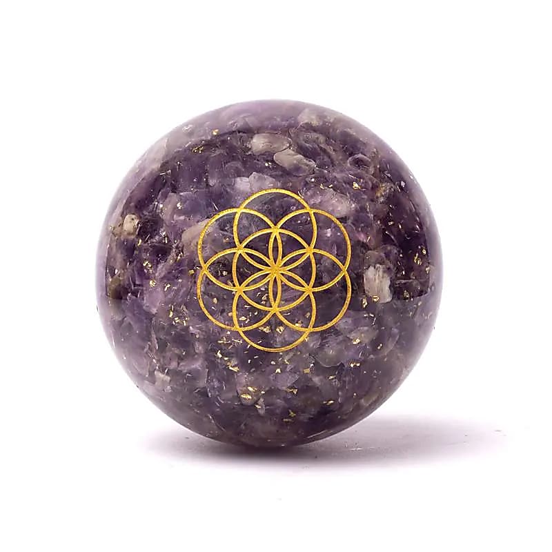 Orgonite sphère améthyste avec Fleur de Vie