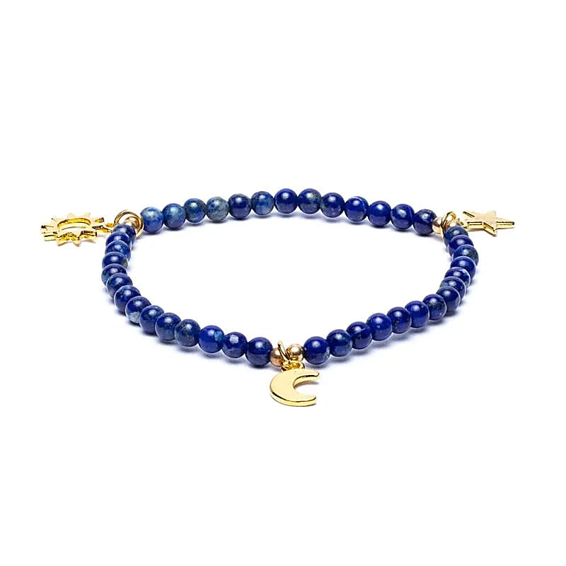 Bracelet lapis étoile/lune/soleil perles 4mm