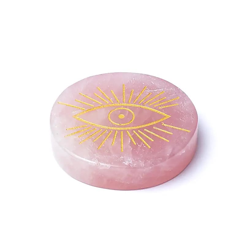 Disque minéral gravé en quartz rose œil qui voit tou