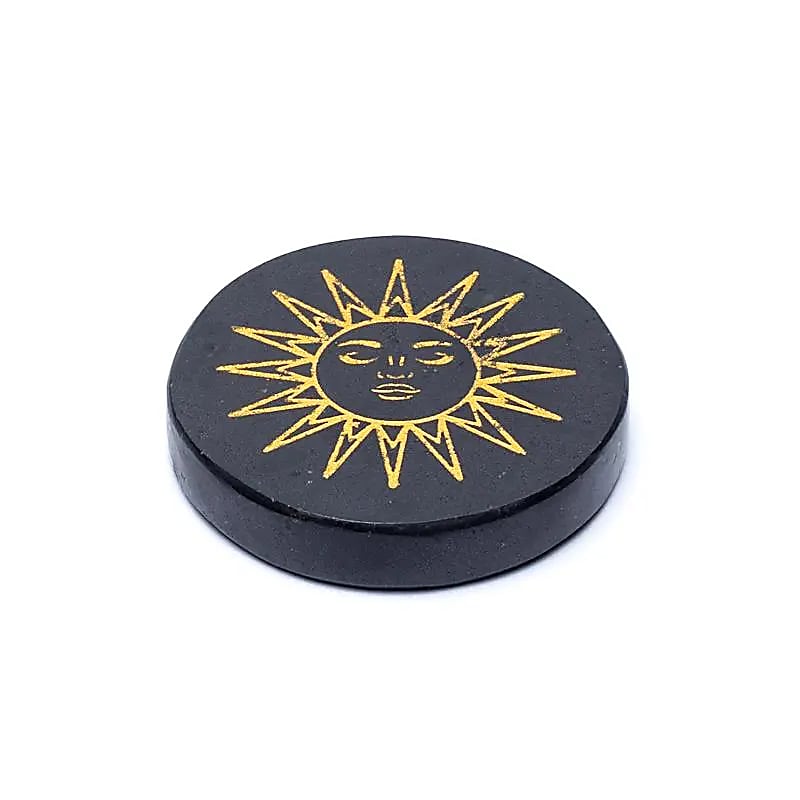 Disque minéral gravé tourmaline noire Soleil -- ±5cm