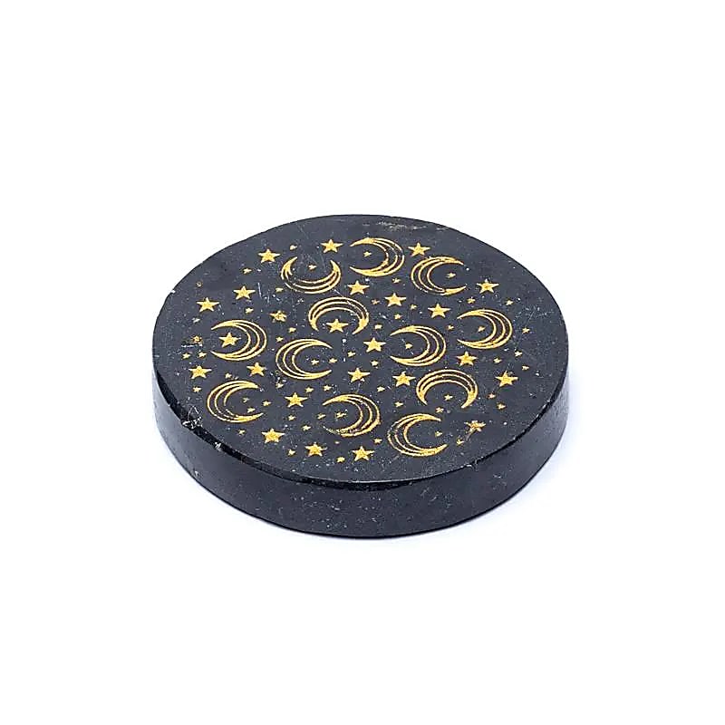 Disque minéral gravé tourmaline noire lunes et étoiles