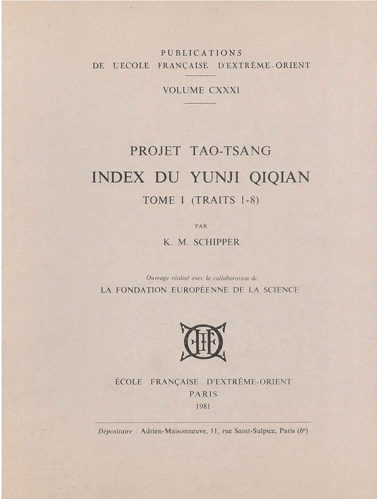 [9782855397313] Index du Yunji Qiqian (2 tomes). (Projet Tao-Tsang)