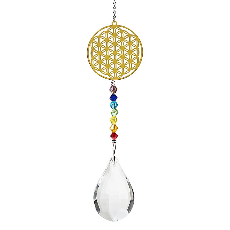 Fleur de Vie goutte de cristal & chaine des chakra -- 29 cm