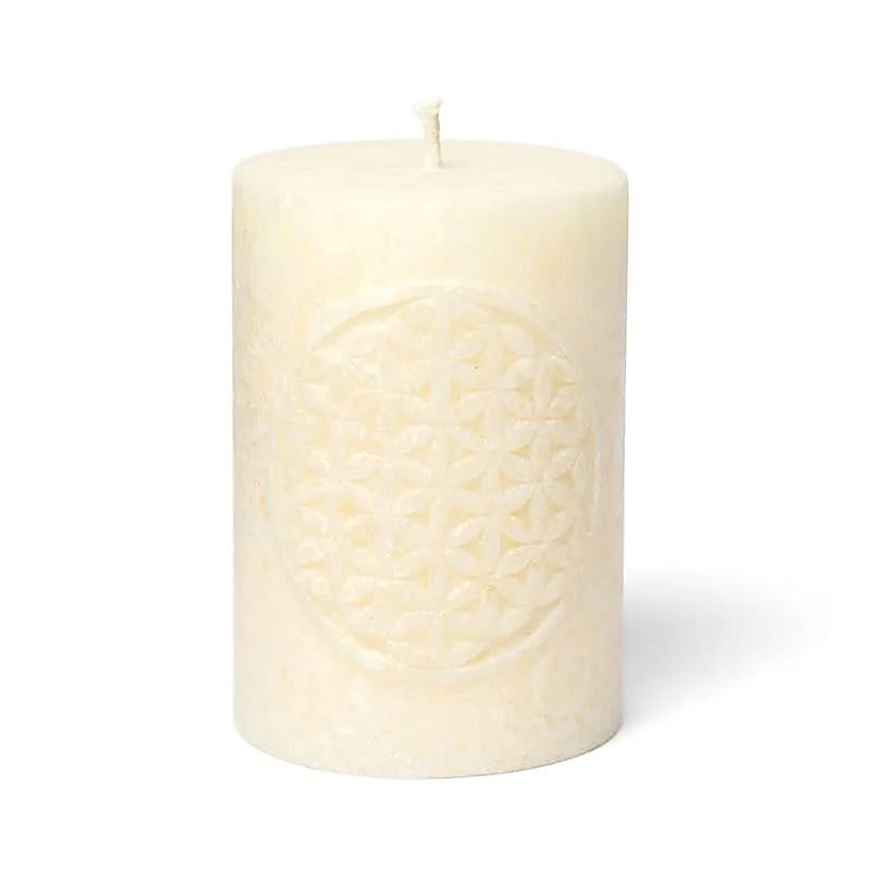 Bougie votive à relief Fleur de Vie stéarine blanc cassé -- 8x5.5 cm