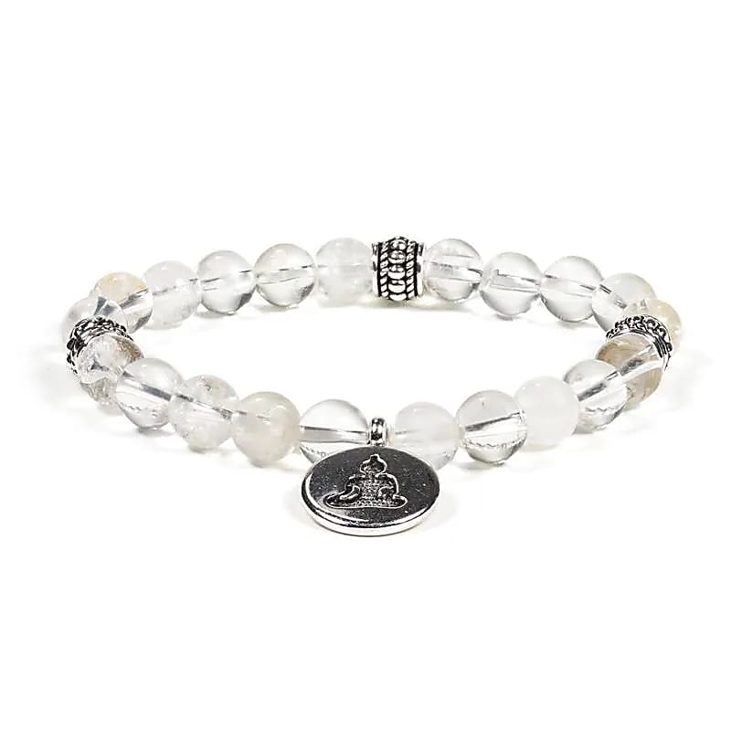 Mala / bracelet élastique cristal de roche Bouddha -- 0.8 cm