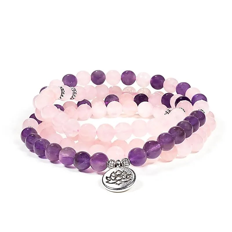 Mala quartz rose / améthyste élastique lotus-- 0.8 cm