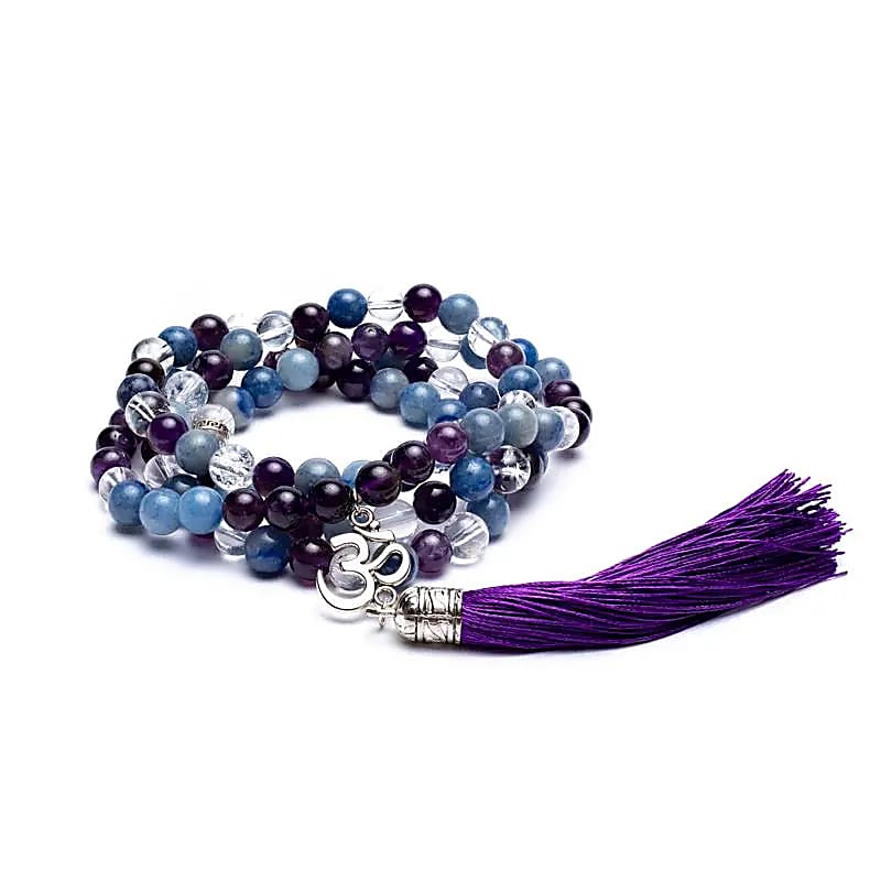 Mala Améthyste/ Aventurine/ Cristal de roche +Om -- 0.8 cm