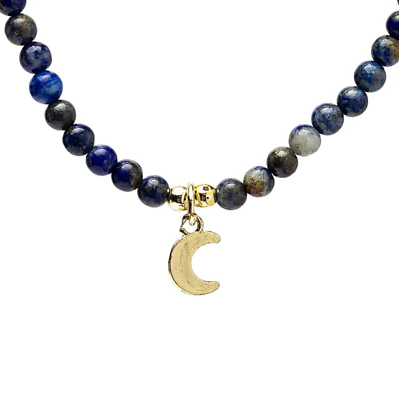 Collier ajustable Lapis-lazuli avec pendentif lune -- ±37 cm