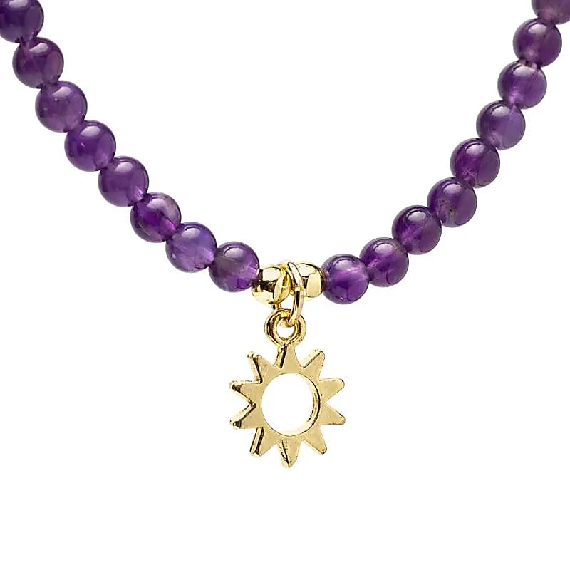Collier ajustable Améthyste avec pendentif soleil -- ±37 cm