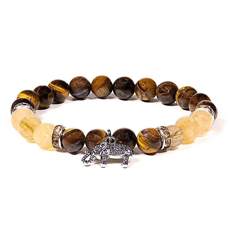 Bracelet Oeil de tigre / Quartz rutile avec éléphant -- 8 mm