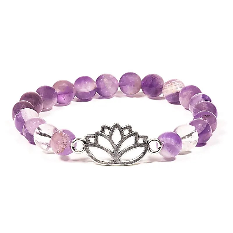 Bracelet Améthyste chevron/Cristal de roche lotus -- 8 mm