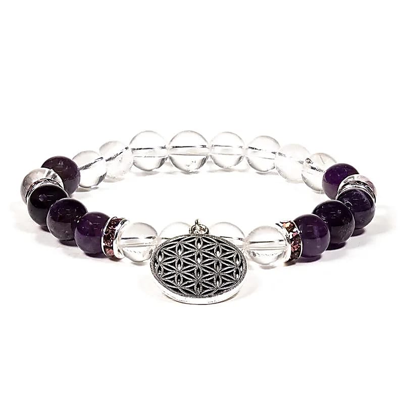 Bracelet Cristal de roche / Améthyste + fleur de vie -- 8 mm