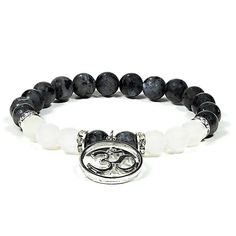 Bracelet Labradorite / Agate blanche avec om -- 8mm