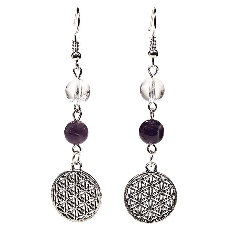 Boucles d'oreilles Cristal de roche/Améthyste fleur de vie -- 8mm