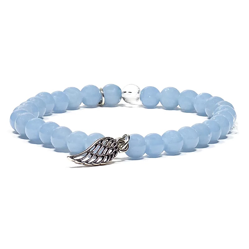 Bracelet en angélite élastique avec aile d'ange -- 0.6 cm