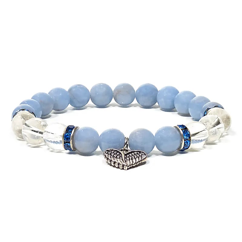Bracelet élastique en angélite/cristal de roche -- 0.8 cm