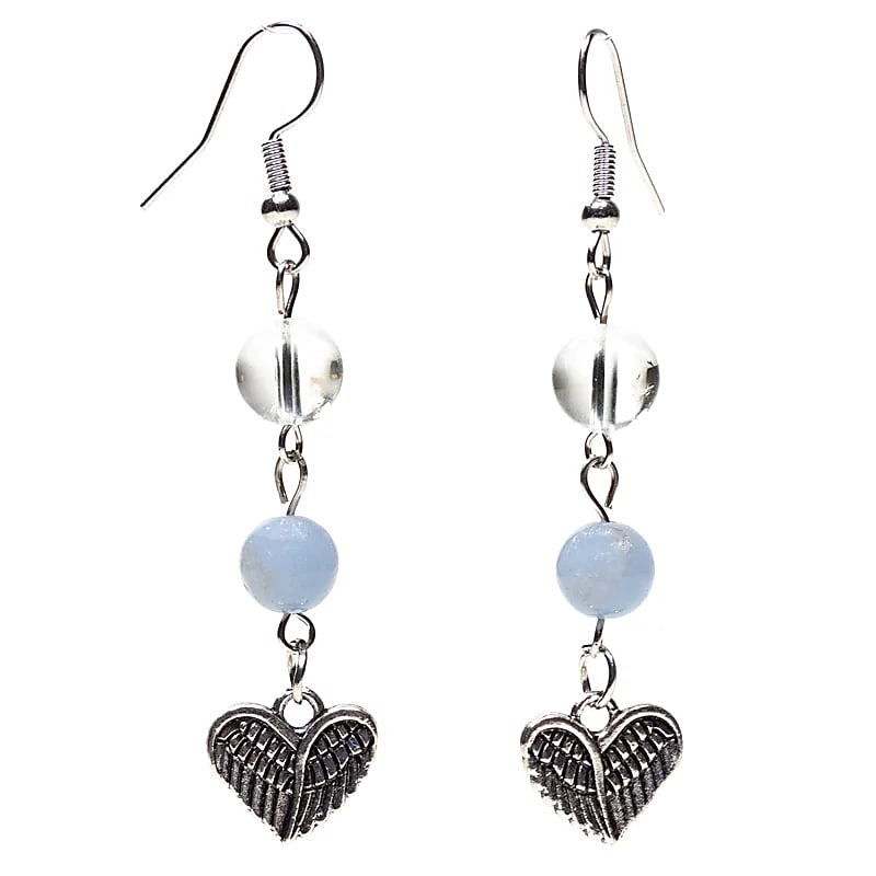 Boucles dóreilles angélite/cristal de roche avec cœur -- 0.8 cm