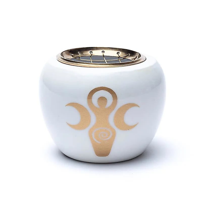 Brûleur d'encens symbole de déesse Blanc & Or -- 9x7cm