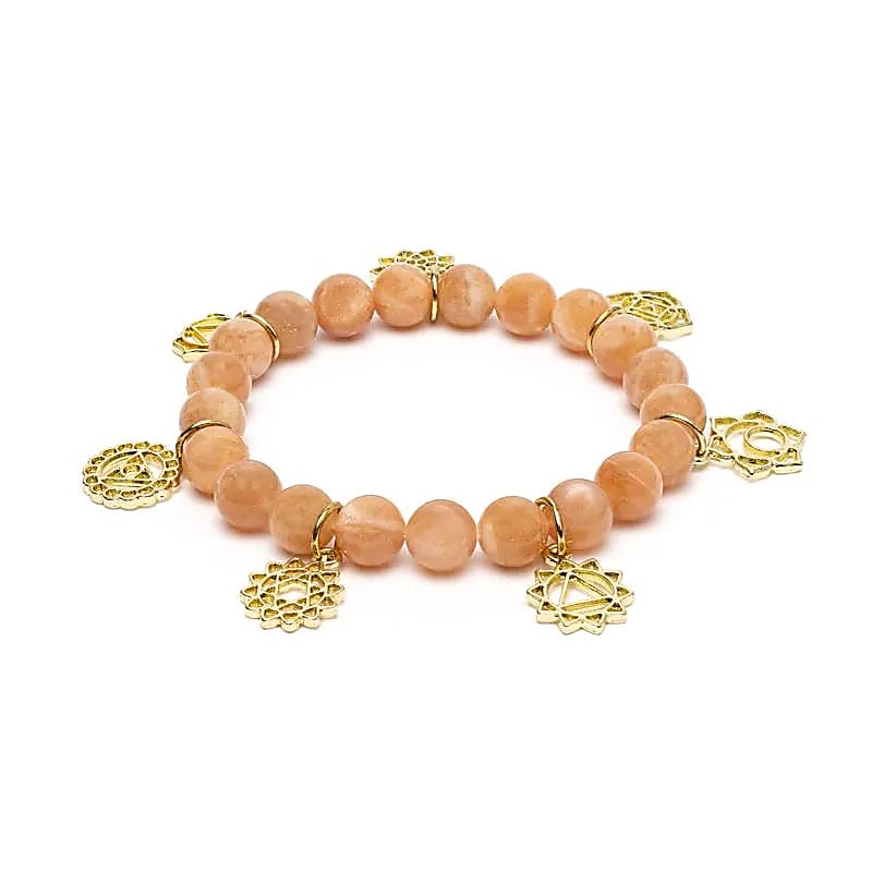 Bracelet à breloques avec symboles des chakras Pierre de soleil -- ±7 cm