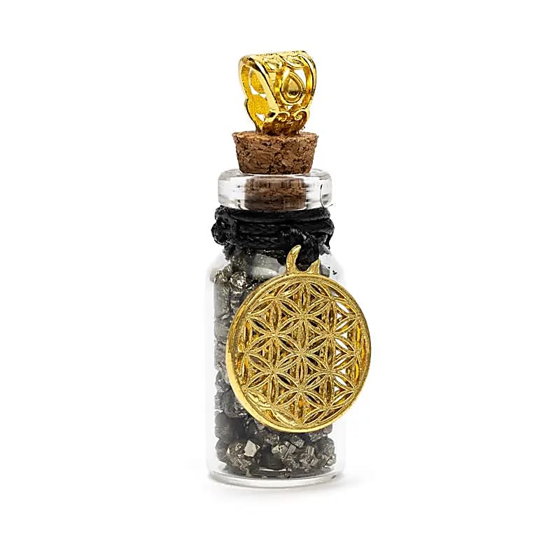 Fiole cadeau avec pyrite et fleur de vie -- 3,6 cm