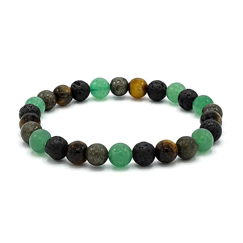 Bracelet pour poignet large en quartz vert, pierre de lave, œil de tigre et pyrite -- 0,8 cm