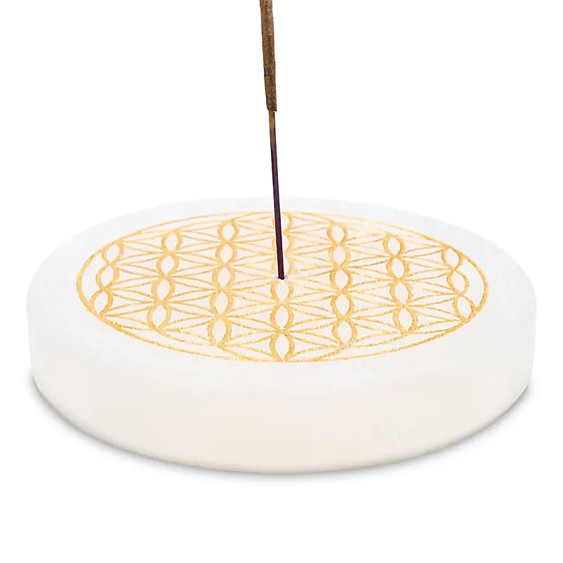 Porte-encens en sélénite fleur de vie ronde -- 9 cm; 260 g