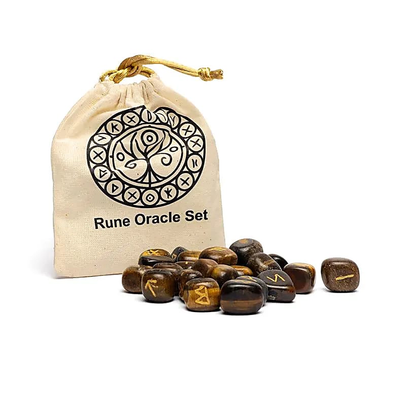 Coffret oracle runique en œil de tigre dans sachet en coton -- 12x10 cm