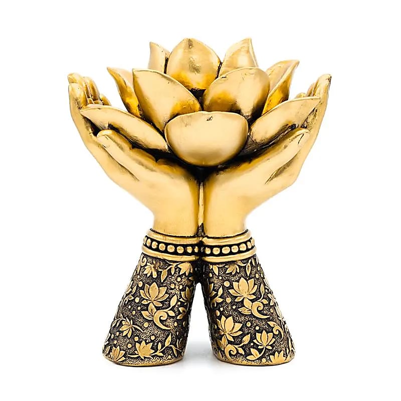 Photophore Mains de lotus debout couleur or -- 14x11.2x17 cm