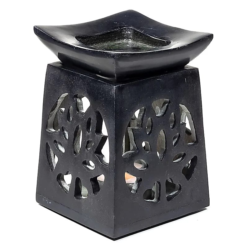 Brûle-parfum Lotus en pierre à savon noire -- 11x8 cm