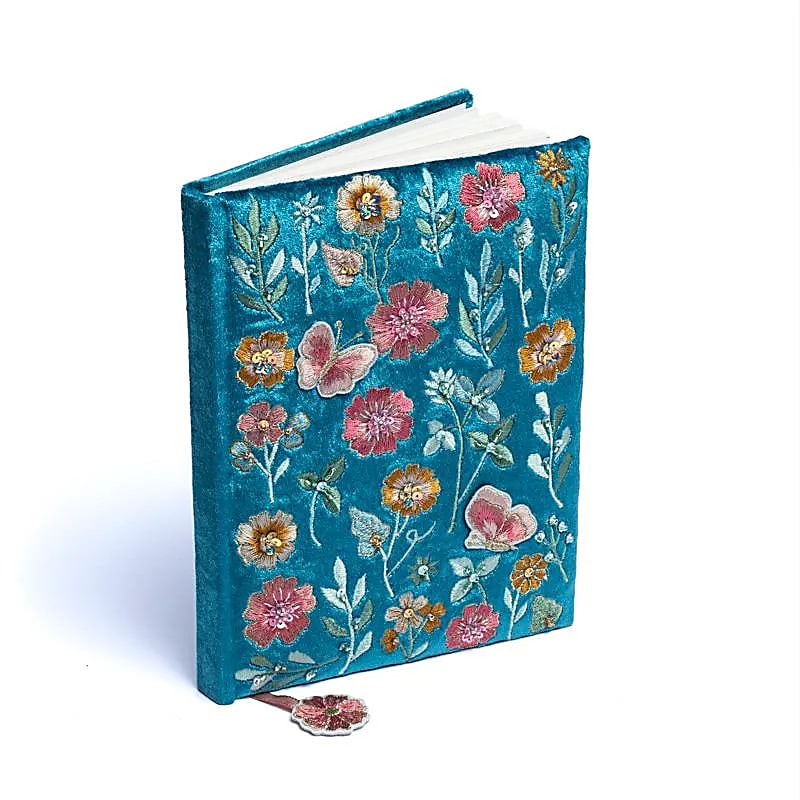 Carnet de notes velours bleu à fleurs -- 20x15 cm