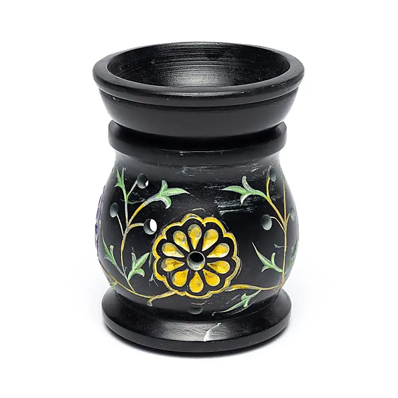 Brûle-parfum - Fleurs - en pierre à savon noire -- 10x8 cm