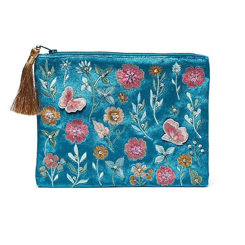 Pochette zippée en velours bleu à fleurs -- 20x15 cm