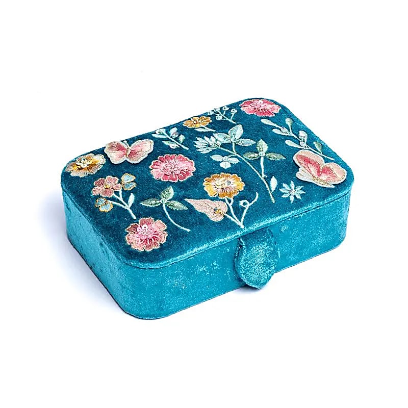 Coffret à bijoux / tarot velours bleu à fleurs -- 11x15,5x5 cm