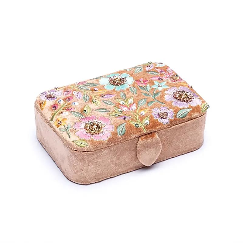 Coffret à bijoux / tarot velours beige à fleurs -- 11x15,5x5 cm