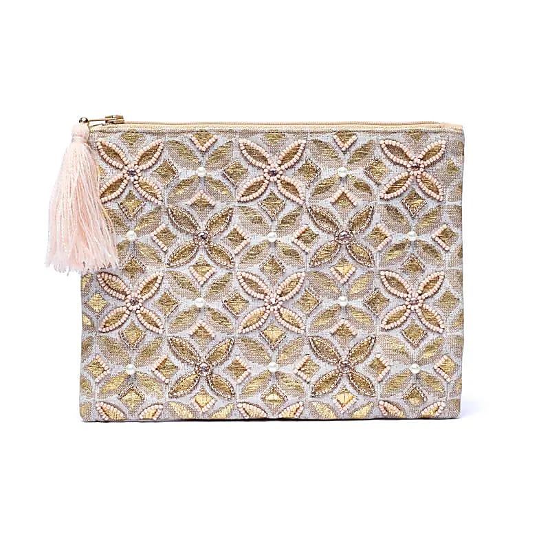 Pochette zippée en velours beige/or avec Fleur de vie -- 20x15 cm