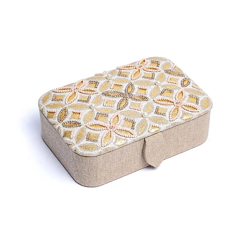 Coffret à bijoux / tarot velours beige/or avec Fleur de vie -- 11x15,5x5 cm