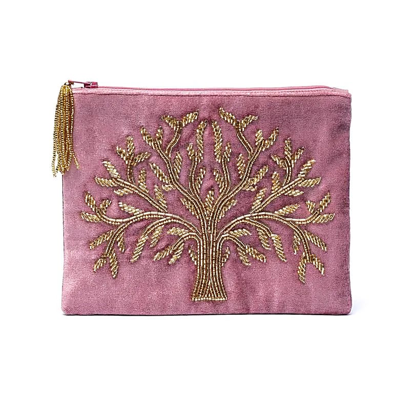 Pochette zippée en velours Rose avec Arbre de vie -- 20x15 cm