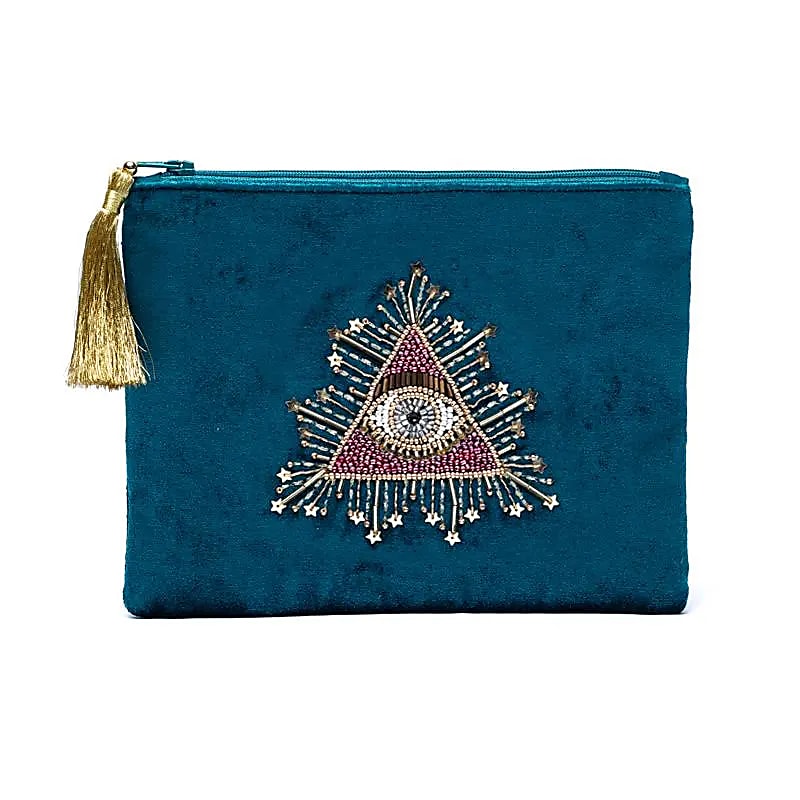 Pochette zippée en velours pétrole avec Oeil des tarots -- 20x15 cm