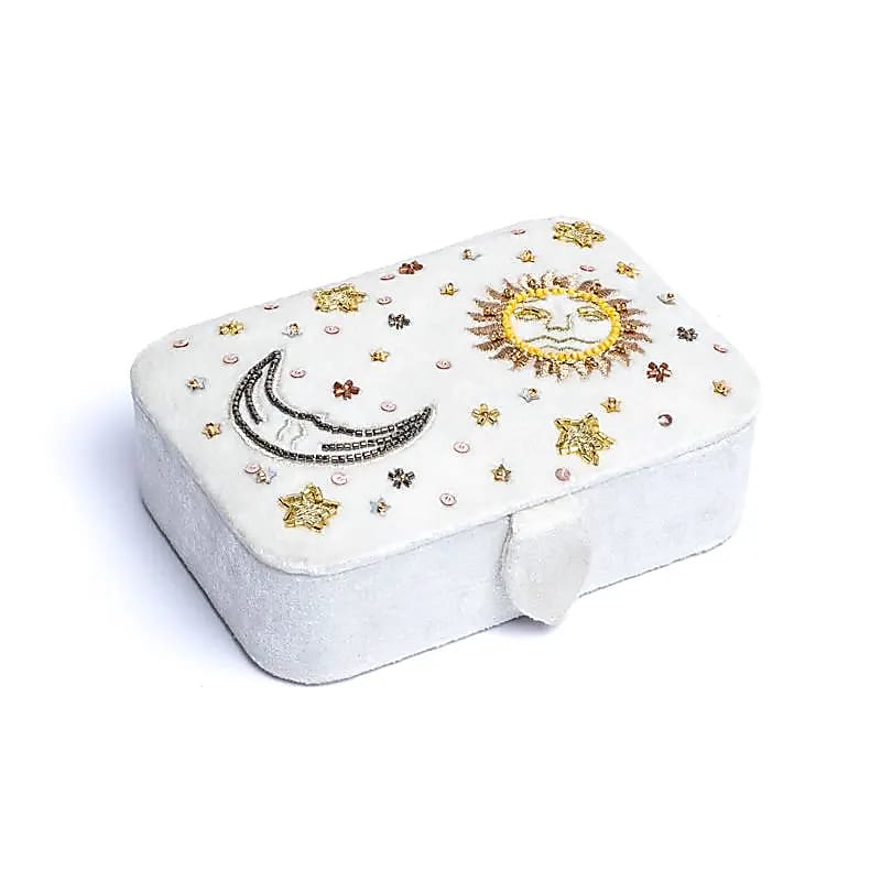 Coffret à bijoux / tarot velours Blanc avec Soleil et Lune  -- 11x15,5x5 cm