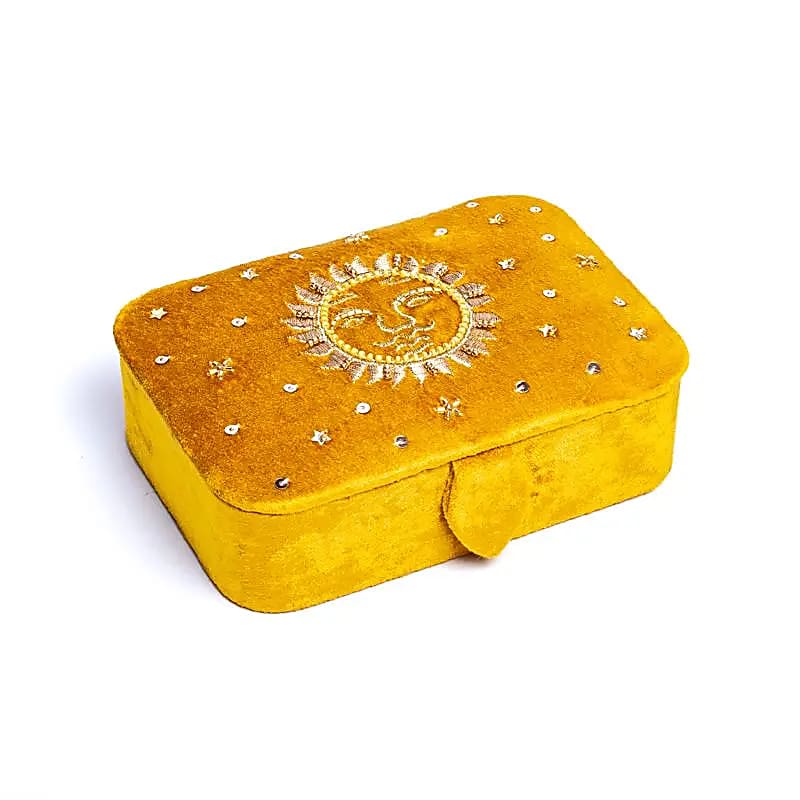 Coffret à bijoux / tarot velours Jaune avec Soleil  -- 11x15,5x5 cm