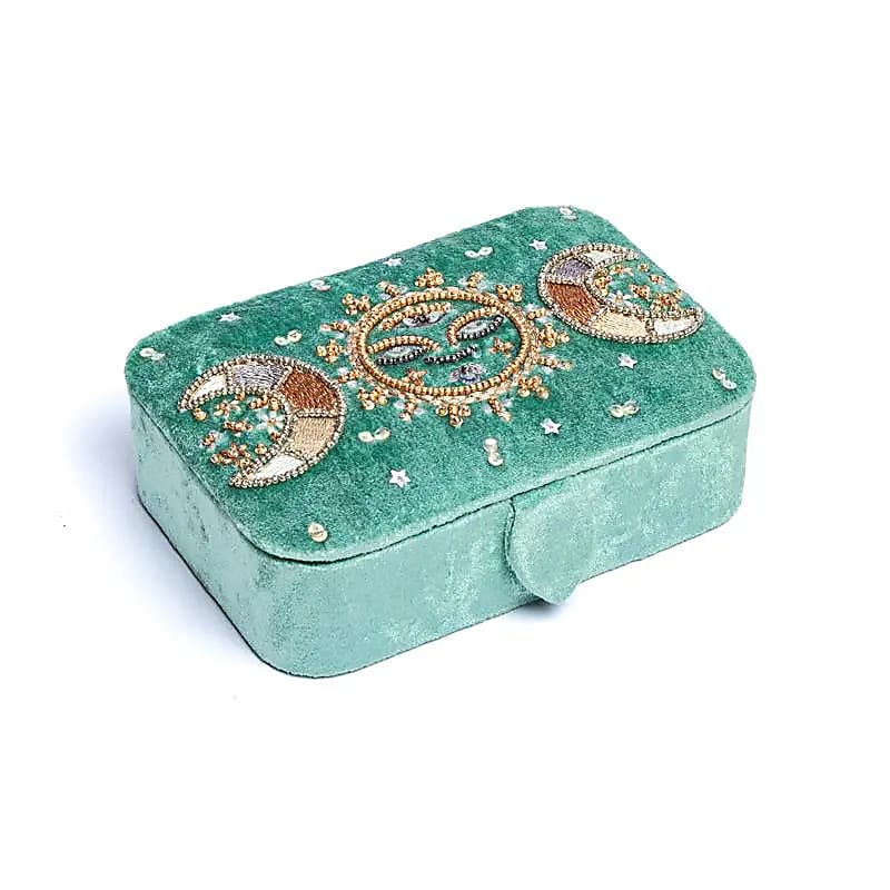 Coffret à bijoux / tarot velours Menthe avec phases lunaires -- 11x15,5x5 cm