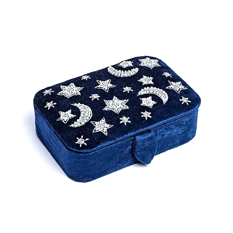 Coffret à bijoux / tarot velours bleu foncé avec lune et étoiles  -- 11x15,5x5 cm