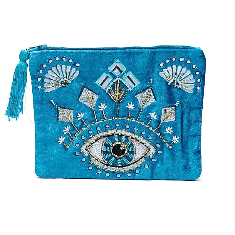 Pochette zippée en velours bleu avec Œil de la Providence -- 20x15 cm