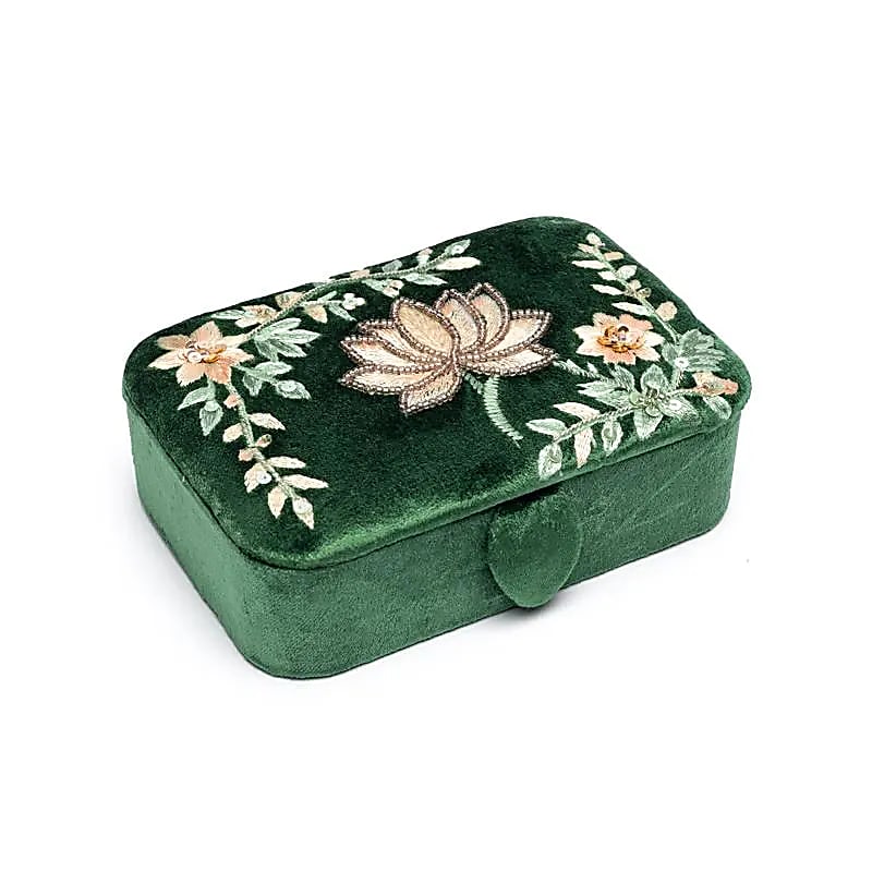 Coffret à bijoux / tarot velours vert avec lotus -- 11x15,5x5 cm