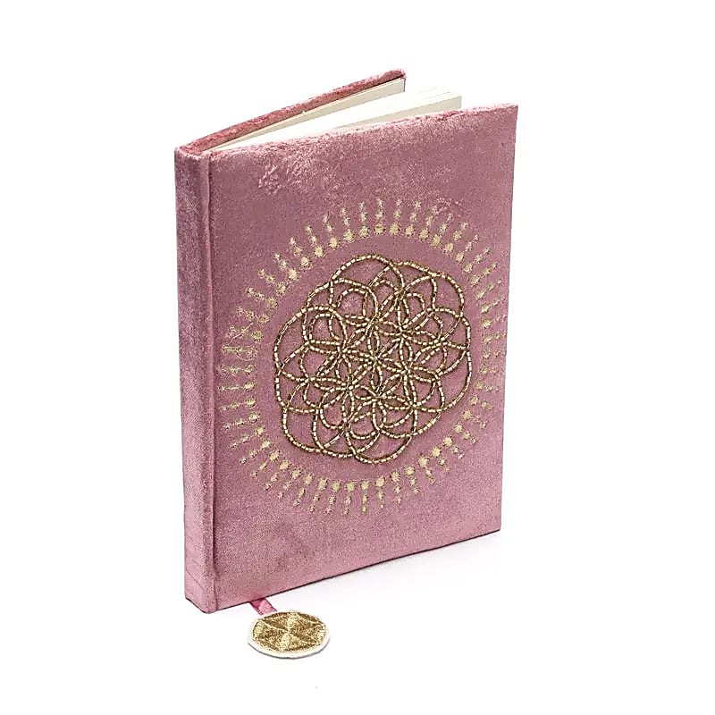 Carnet velours vieux rose avec Fleur de Vie -- 20x15 cm