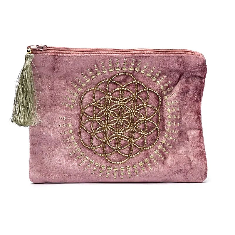 Pochette zippée en velours vieux rose avec Fleur de Vie -- 20x15 cm