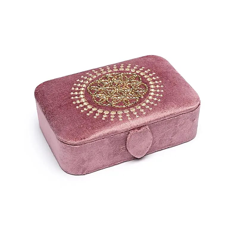 Coffret à bijoux / tarot velours vieux rose avec Fleur de Vie -- 11x15,5x5 cm