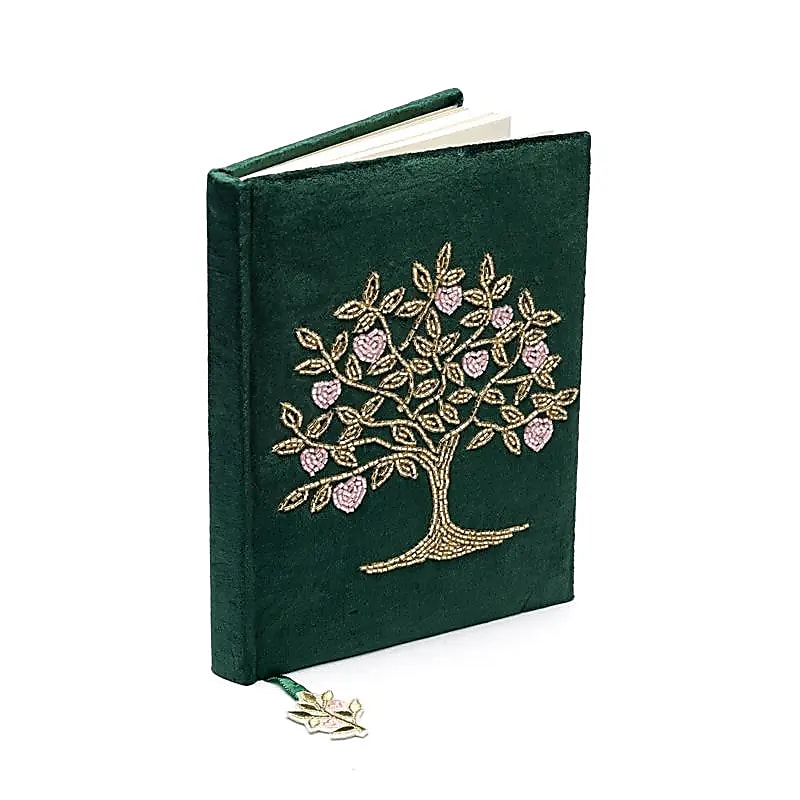 Carnet velours vert avec Arbre de Vie et cœurs -- 20x15 cm